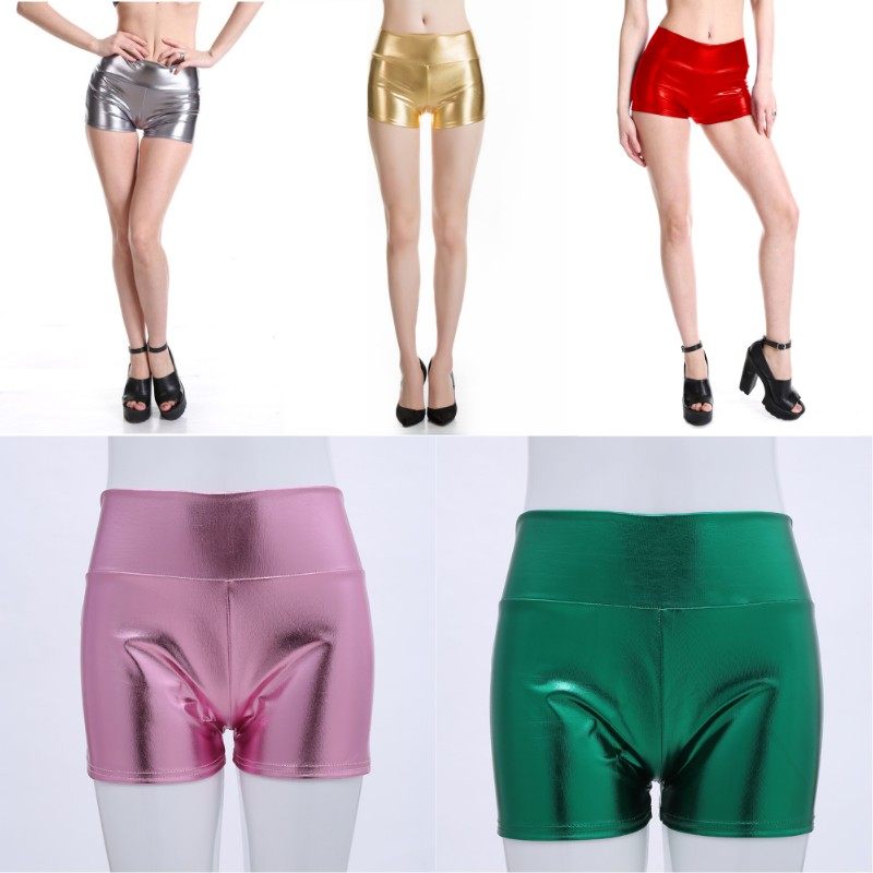 女士夜店舞台表演服烫金仿皮短裤性感紧身热裤银色亮面皮质三分裤