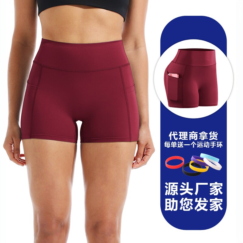 女士弹力紧身瑜伽短裤高腰跑步运动三分裤加大码压缩健身裤带口袋