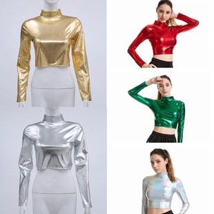 T恤 亮面漆皮小高领修身 女士金色仿皮长袖 上衣啦啦队舞蹈表演服装
