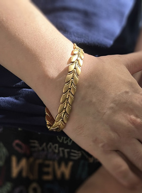 罗马金色能量麦穗手链男女钛钢