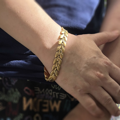 罗马金色能量麦穗手链男女钛钢