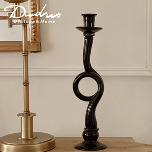 北欧风Vintage中古纯黑色厚壁琉璃重工复古烛台法式ins艺术蜡烛台