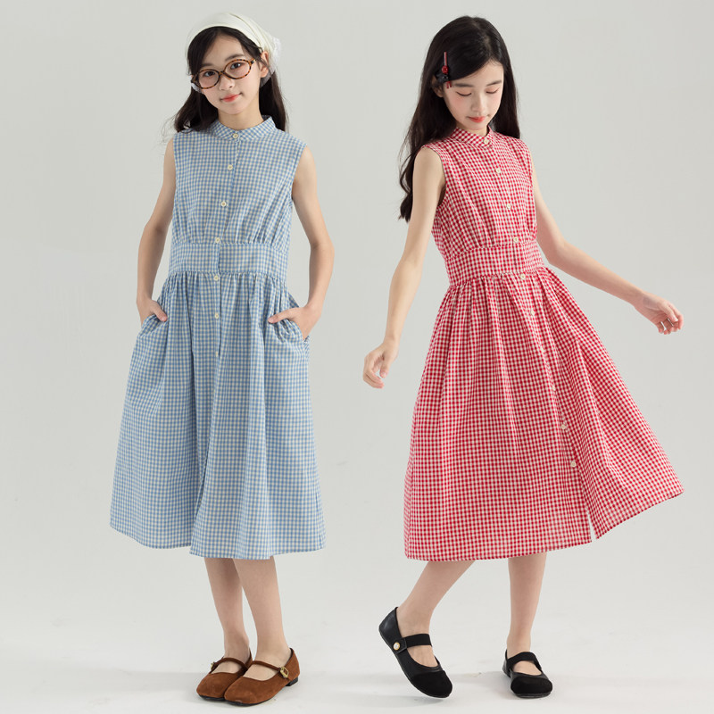 女童纯棉格子无袖连衣裙夏季甜美收腰背心裙中大童显瘦A字衬衫裙