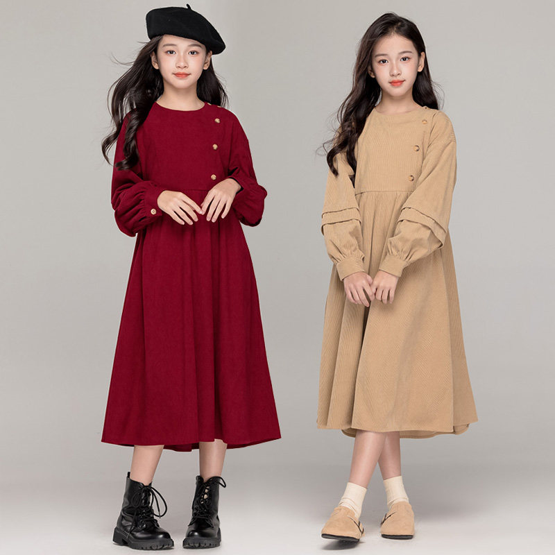 女童高级感红色连衣裙秋冬女孩加绒宽松简约公主裙中大童显瘦长裙