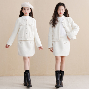 女童小香风短裙套装秋冬女孩加绒外套裙子两件套中大童半身裙礼服