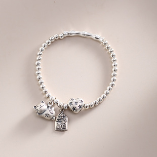 原创小银珠手链女纯银招财猫中国风简约转运手串精致文艺范手饰品