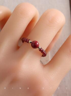 天然石榴石朱砂戒指女学生