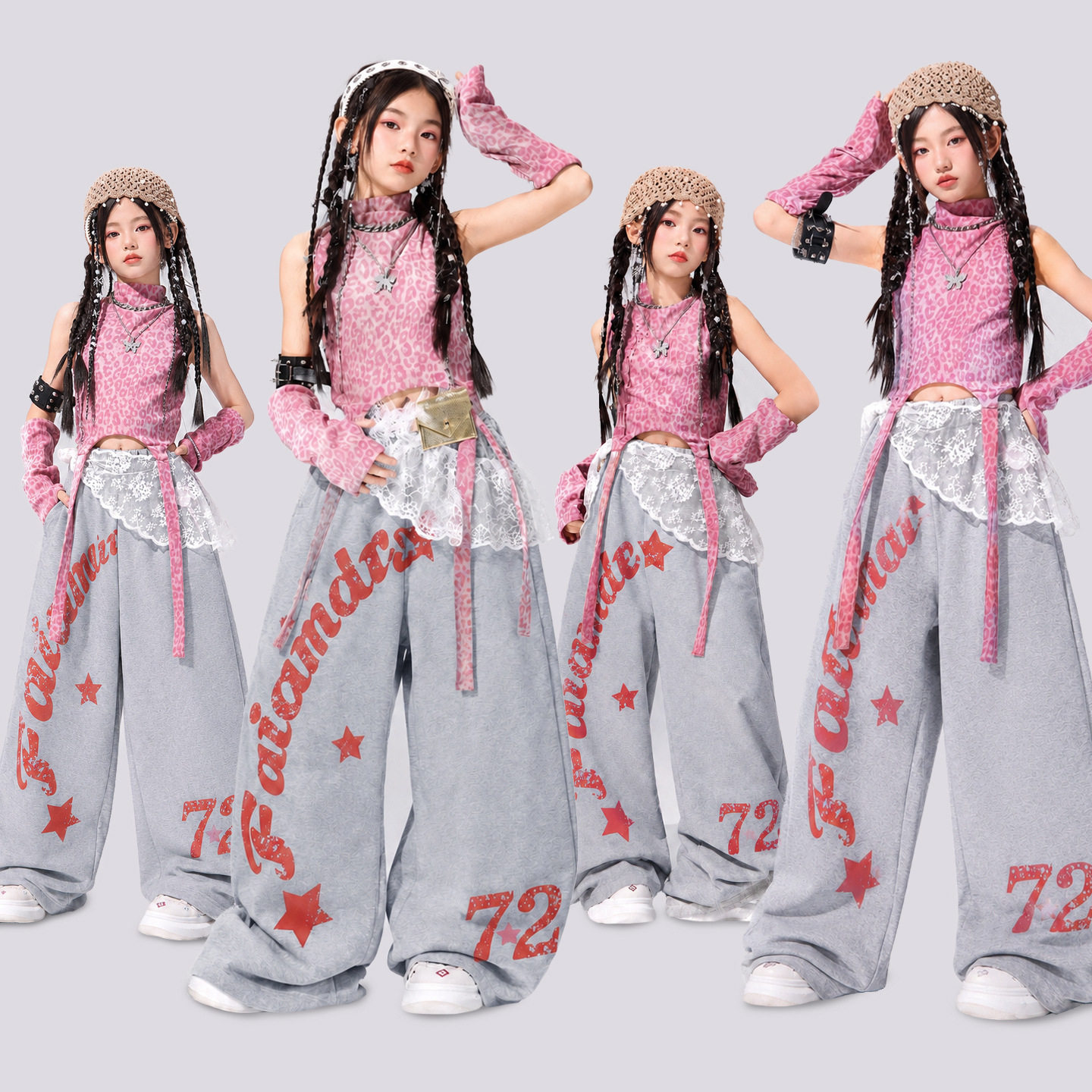 爵士舞女童服装hiphop儿童粉色上衣潮服少儿女孩穿搭舞蹈套装演出