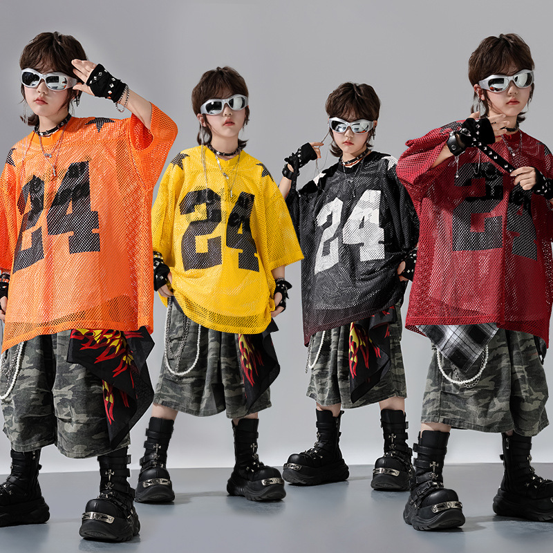 街舞童装男童套装hiphop演出服炸街儿童潮服透气网孔爵士舞服装