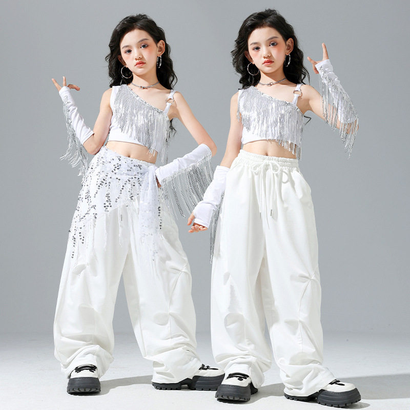 女童露脐jazz爵士舞街舞演出服女团亮片模特走秀练功时髦白色