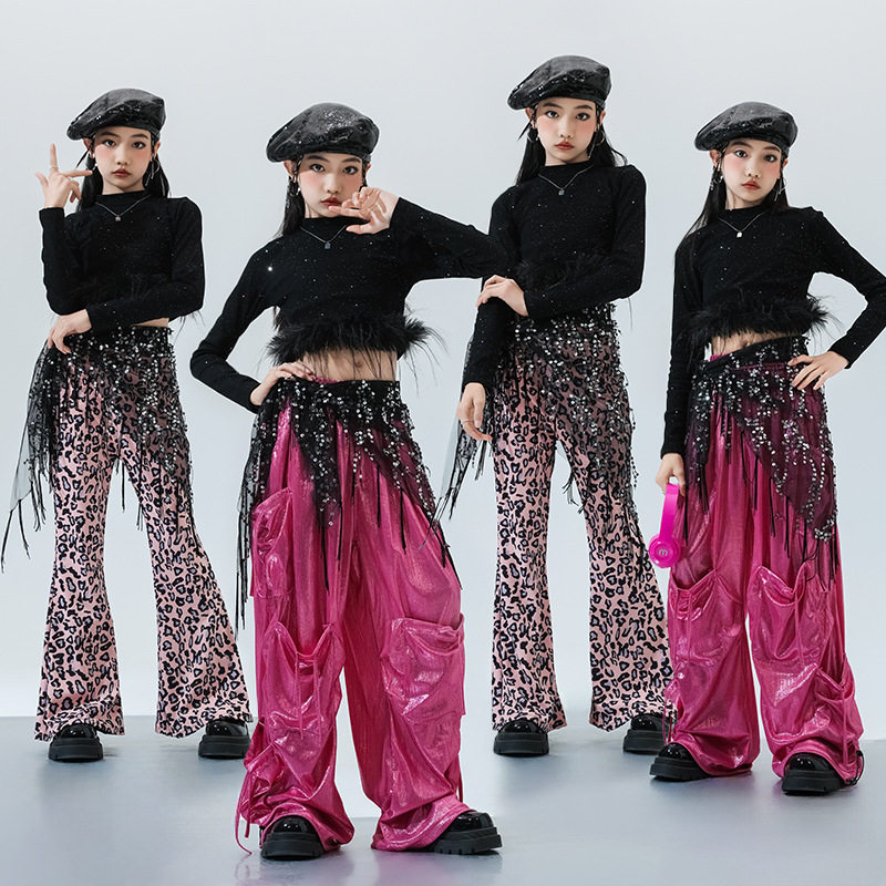 女童爵士舞演出服少儿舞蹈练功服毛边长袖套装儿童街舞服走秀表演