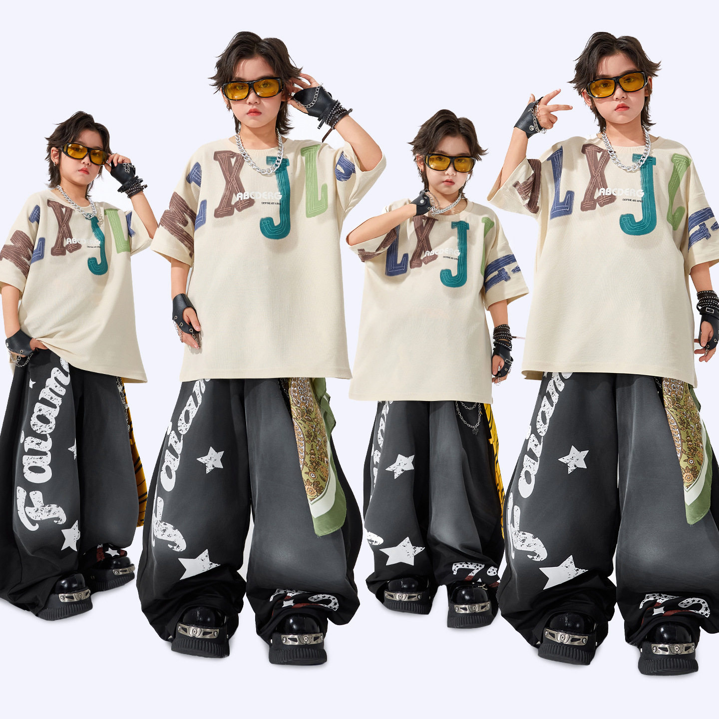 男童嘻哈街舞儿童潮服HIPHOP演出服宽松T恤潮牌女童爵士舞服装夏
