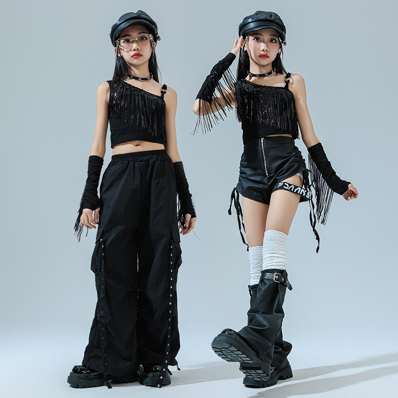 女童爵士舞服装潮酷时髦女孩黑色流苏露脐吊带套装儿童街舞潮服女