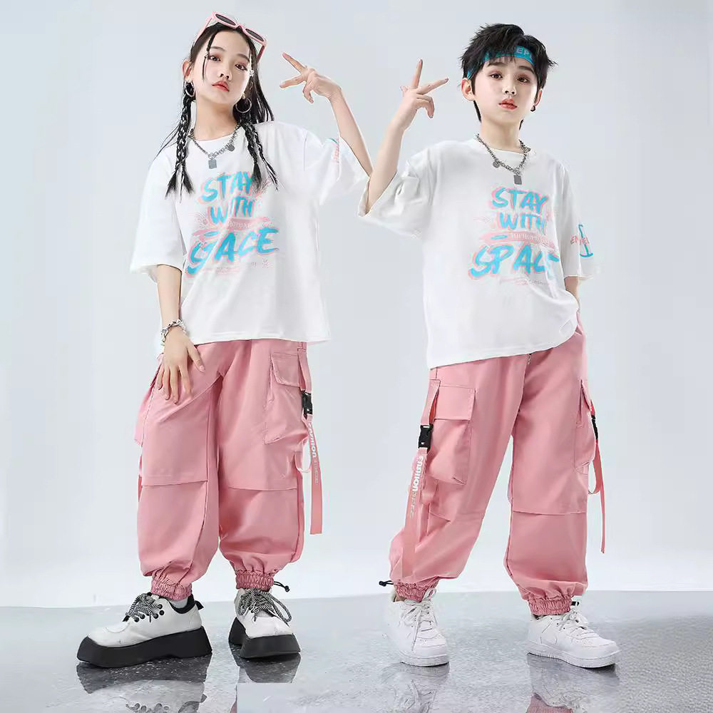 街舞儿童潮装男童夏季运动套装女童爵士舞表演服学生嘻哈工装裤潮