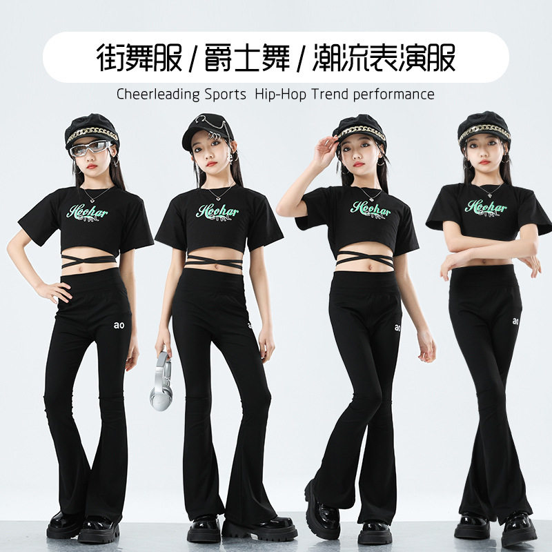 女孩爵士舞套装露脐短袖儿童模特形体训练服紧身瑜伽裤舞蹈练功