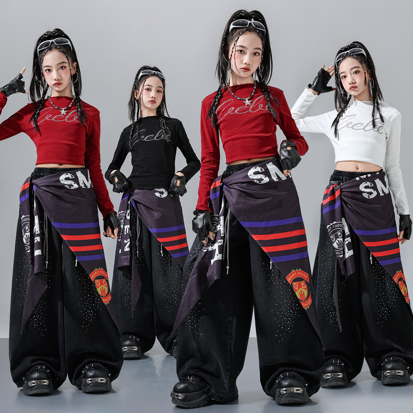 女童爵士舞服装少儿街舞演出服韩版烫钻花边长袖牛仔长裤潮服套装