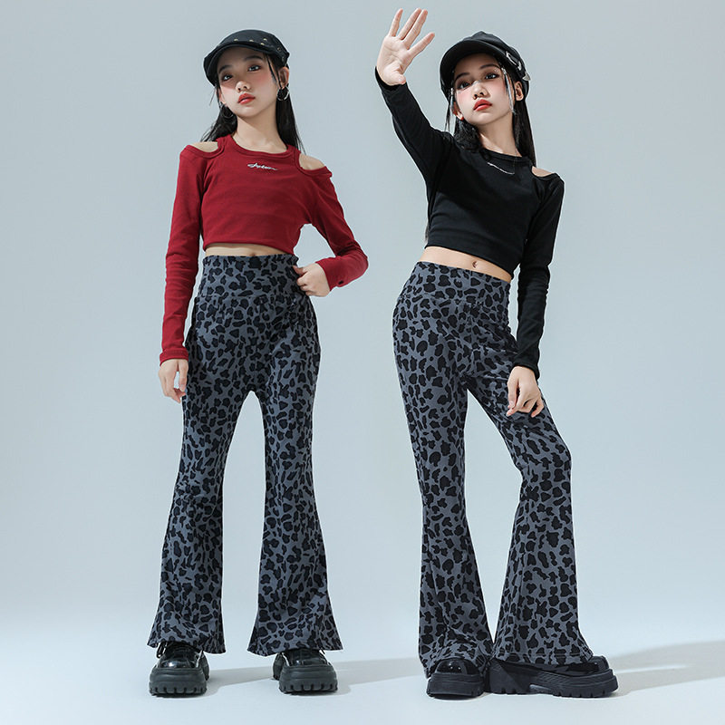 爵士舞服装女甜酷儿童时髦露脐套装jazz女团豹纹喇叭裤舞蹈演出服