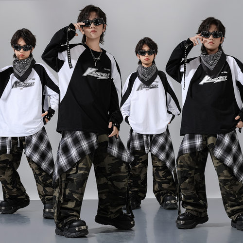 儿童街舞演出服hiphop潮服少儿长袖迷彩裤套装男童走秀潮牌演出服