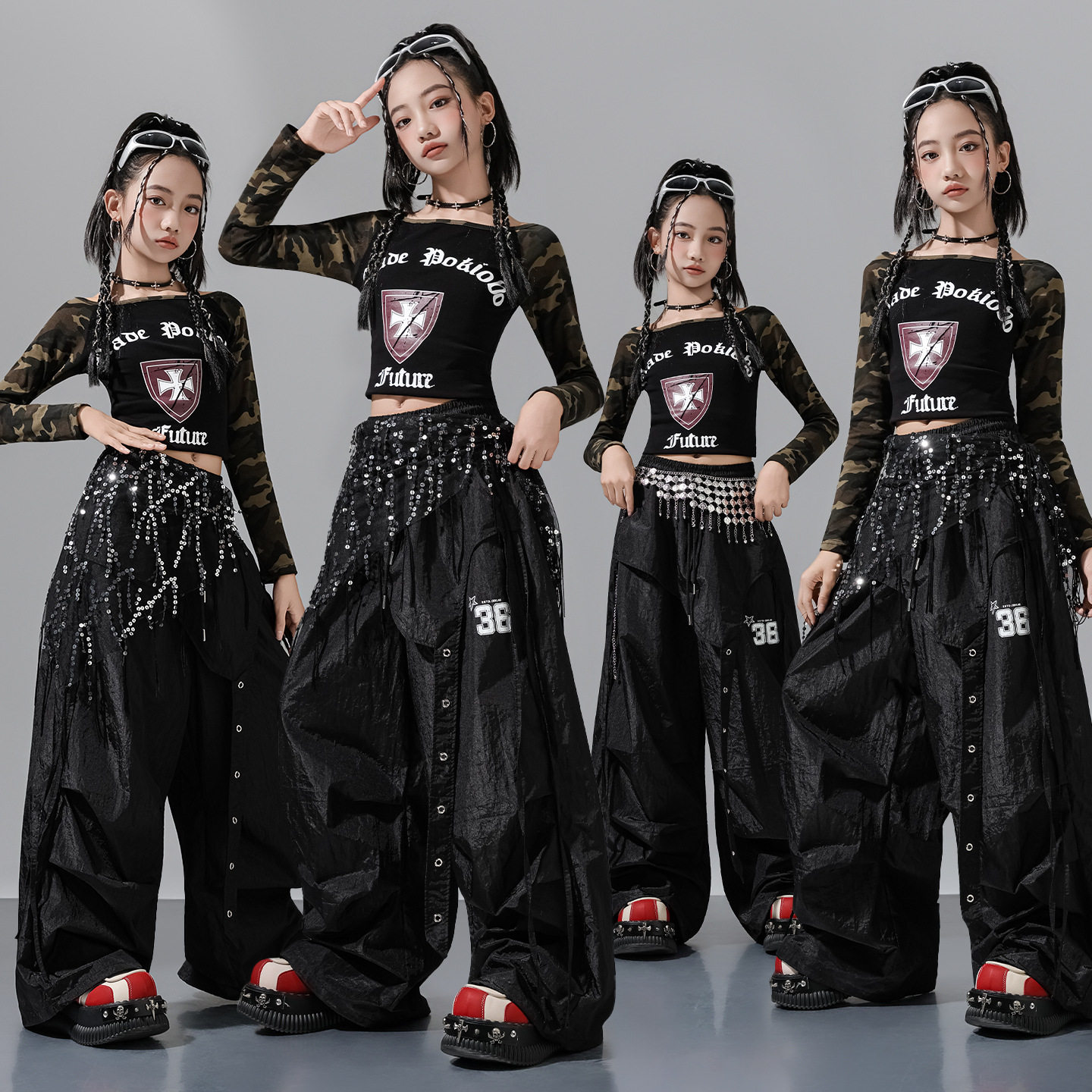 女童爵士舞服装jazz潮服套装女童迷彩长袖演出服儿童街舞练功服潮