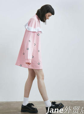 lazy oaf秋季新款粉色可爱波点印花荷叶宽松长款卫衣顺丰