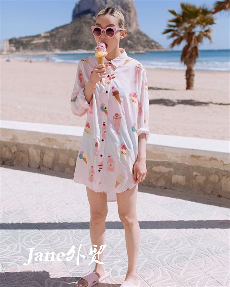 LAZYOAF洋气欧货冰淇淋印花显瘦遮肉宽松白色长版衬衫裙女中长款