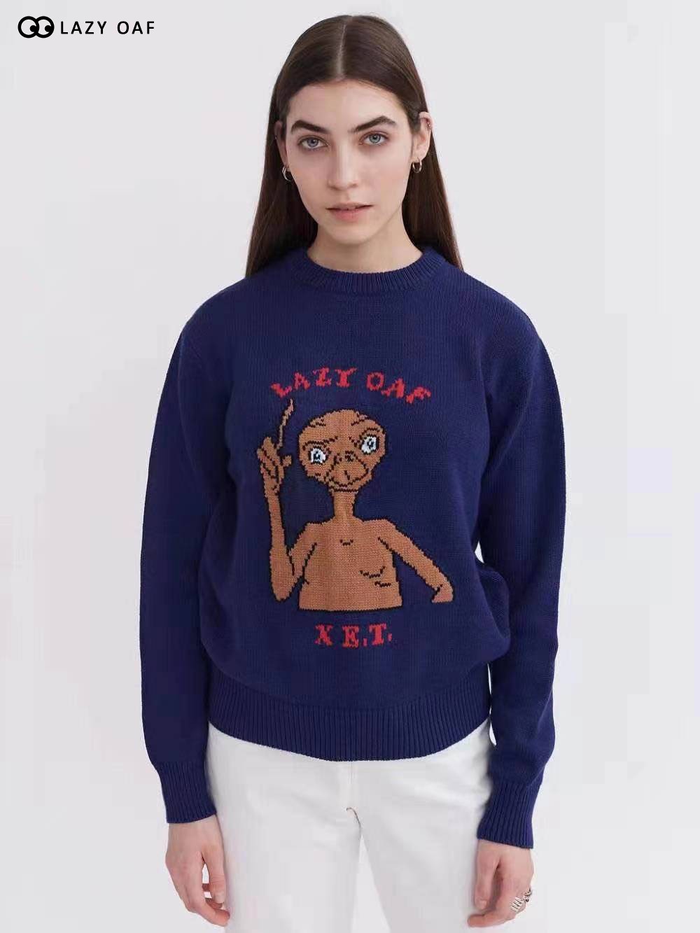 外星人蓝色纯棉设计感小众毛衣
