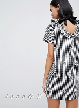 lazy oaf小个子女气质显瘦格子绑带蝴蝶结雏菊刺绣短袖女裙连衣裙