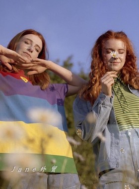 lazy oaf新款rainbow彩虹条纹笑脸爱心宽松棉休闲中长款短袖T恤