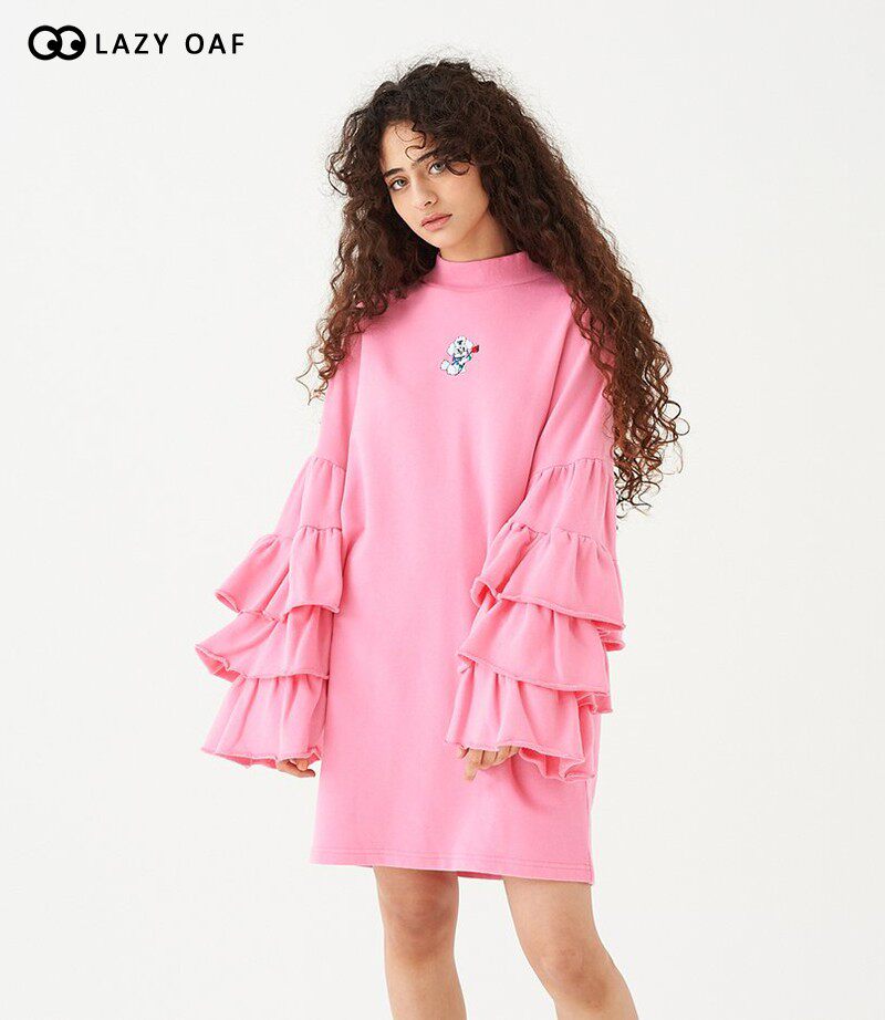 lazyoaf少女粉粉色小飞袖荷叶袖北欧风胖妹妹大码纯棉长袖连衣裙