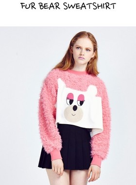 lazy oaf 粉色毛绒小熊绣花宽松长袖T恤慵懒风少女休闲棉超短卫衣