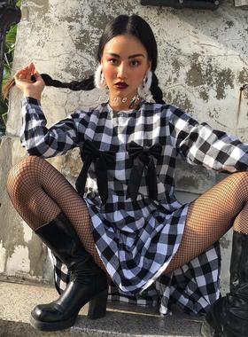 lazy oaf英国小众品牌女装格子蝴蝶结镂空可爱长袖娃娃装连衣裙