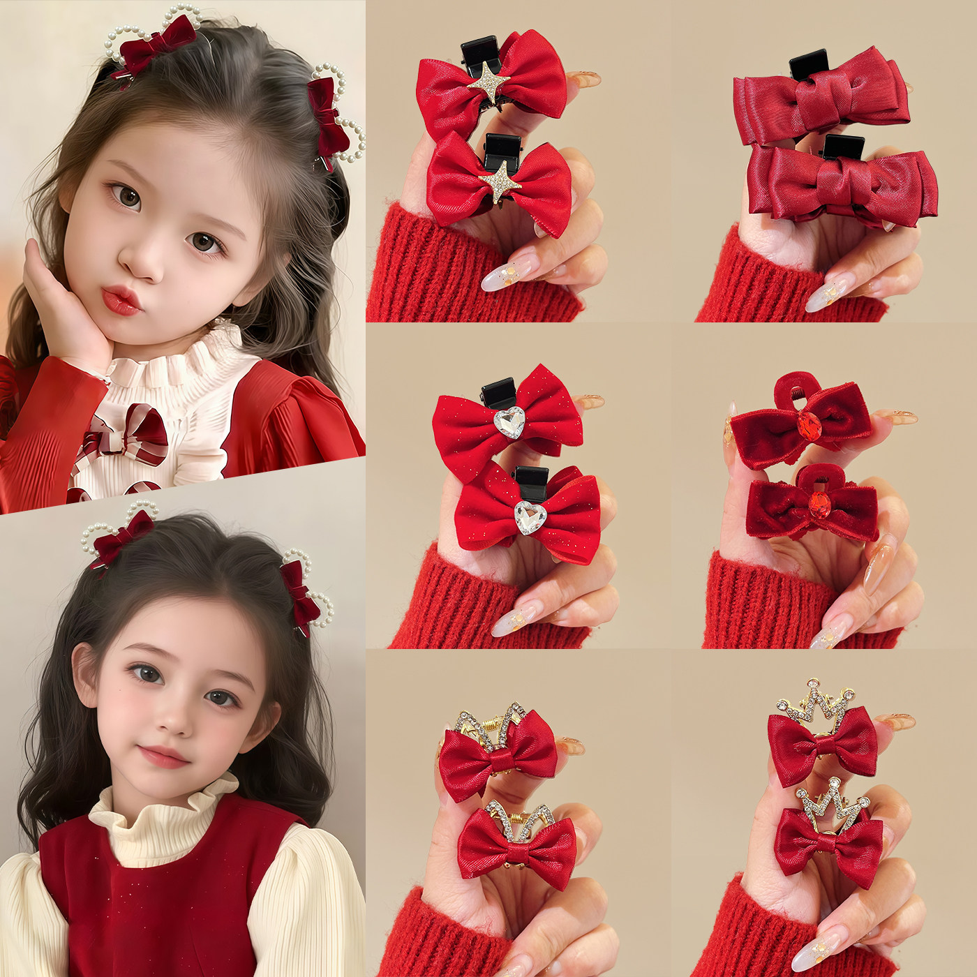 儿童红色丝绒蝴蝶结发夹侧边兔耳珍珠公主头抓夹女童新年发卡头饰,饰品/流行首饰/时尚饰品新,发饰,淘宝优惠券,粉丝福利购,淘宝优惠卷
