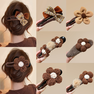 秋冬咖色花朵鸭嘴夹发夹女后脑勺2025新款高级感抓夹一字夹子头饰