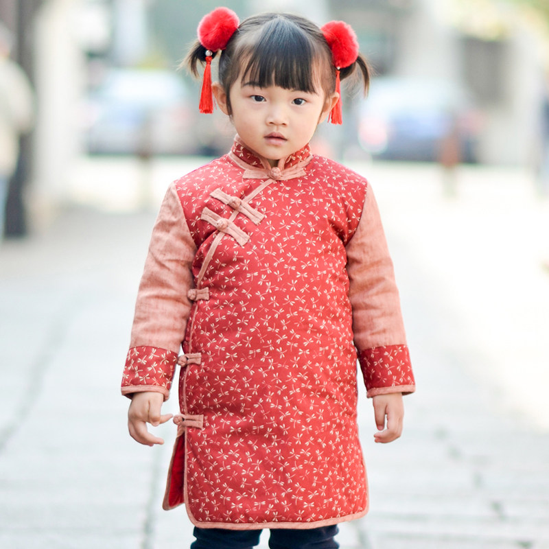 亲子装童冬装棉衣红色小碎花棉旗袍女童中国风加厚丝绵棉服棉袍
