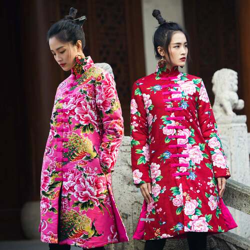棉大衣对襟立领中式多色入棉大衣