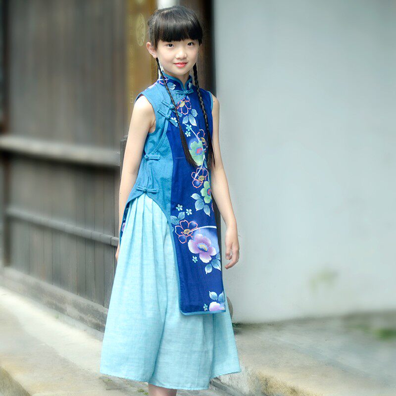 丹凤民族风复古中式童装亲子精美手工注染印花长马夹大摆裙套装