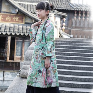 丹凤创意中式亲子装棉衣质感好丝麻文艺风棉旗袍仕女图斜襟棉长袍