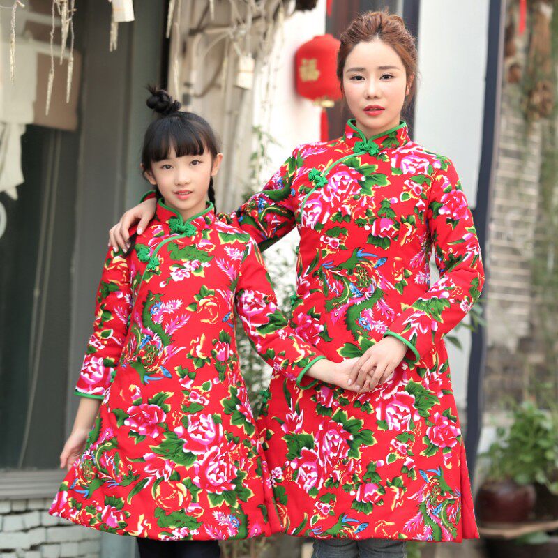 丹凤创意中式复古风亲子装冬装棉袄拜年服女装棉袍女童花布棉旗袍