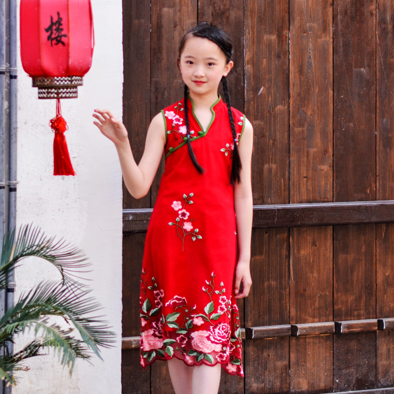 丹凤创意亲子旗袍夏装棉麻无袖牡丹绣花盘扣旗袍夏女童低领连衣裙