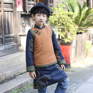 丹凤创意金鱼戏浮萍男童棉旗袍棉马甲套装中式唐装复古新年冬装