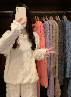 时尚冬装套装珊瑚绒睡衣女款冬季加厚家居服加绒网红女生睡袍裙子