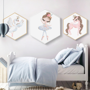 画粉 画卧室卡通女孩女儿公主房间床头挂画 儿童房背景墙面装 饰画