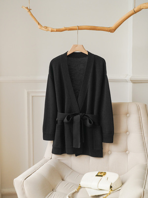 纯羊毛V领通勤腰部系带针织开衫