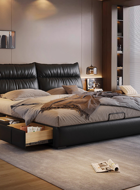 意式极简真皮悬浮床黑色主卧1.8米双人大床实木框架互不打扰婚床