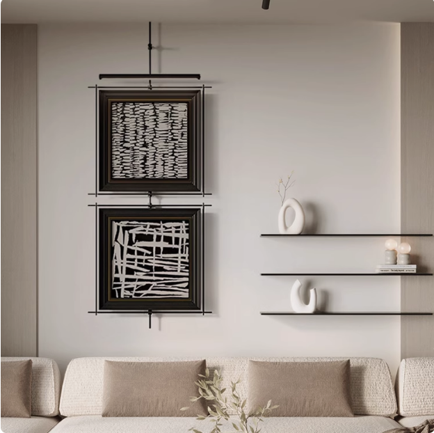 中古风金属杆带灯玄关装饰画新中式客厅墙面山水金属发光吊杆挂画