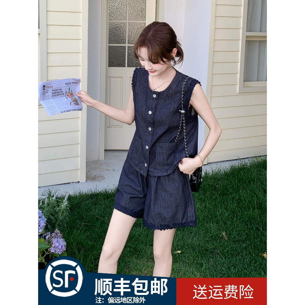法式牛仔马甲套装女2025夏新款复古独特设计感无袖背心短裤两件套