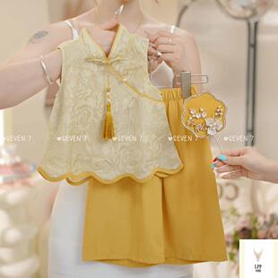 清仓女童2025夏季新款中国风设计感提花盘扣汉服马甲花苞短裤两件