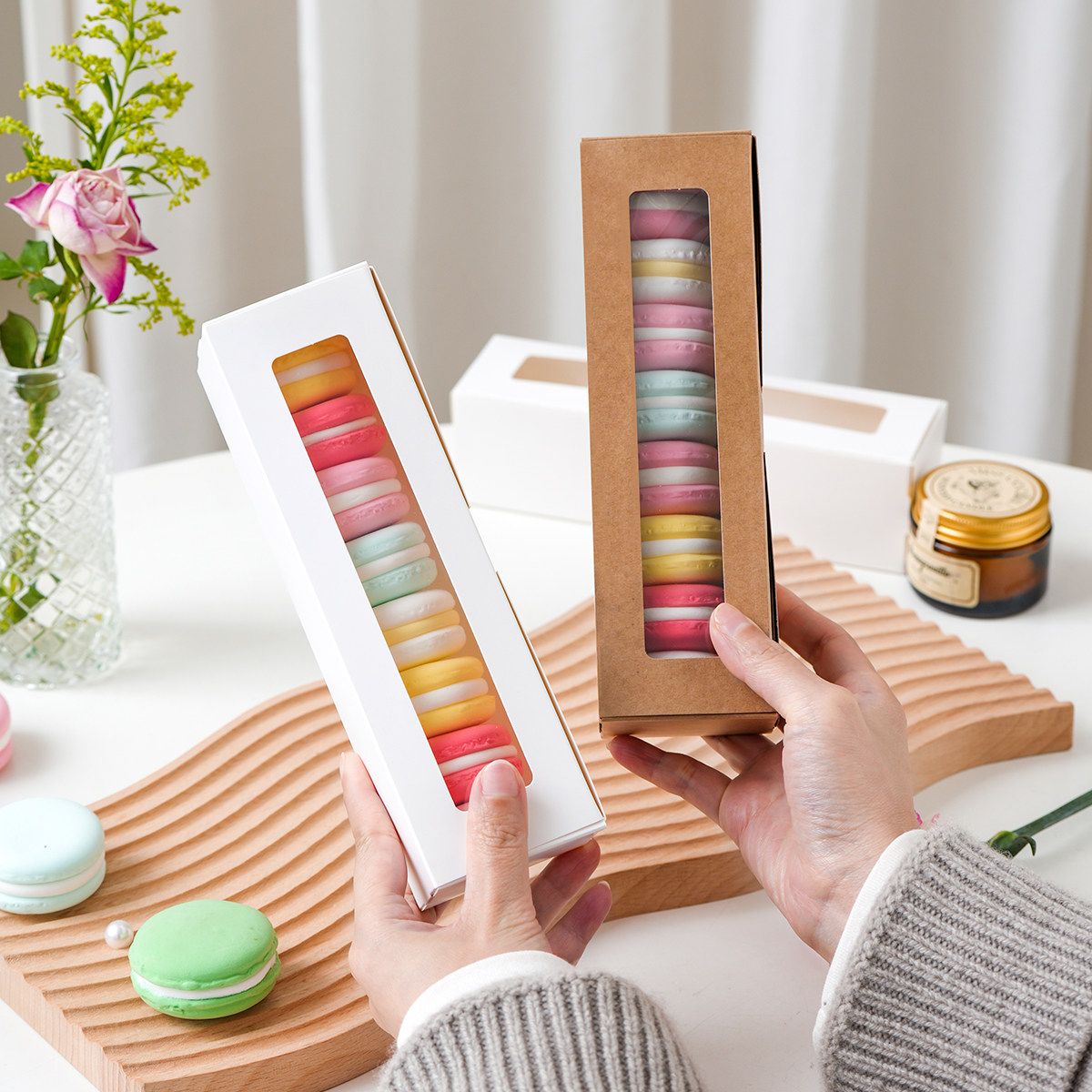 8粒彩色马卡龙包装盒烘焙点心开窗打包盒一次性纸质长方形盒子DIY