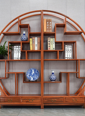 仿古中式多宝阁实木大圆形博古架双半圆隔断茶叶古董置物架展示柜