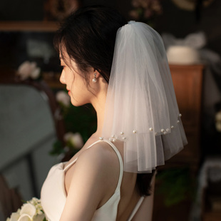 甜露 钉珠小头纱求婚结婚领证旅拍照道具简约双层头饰 新娘短款